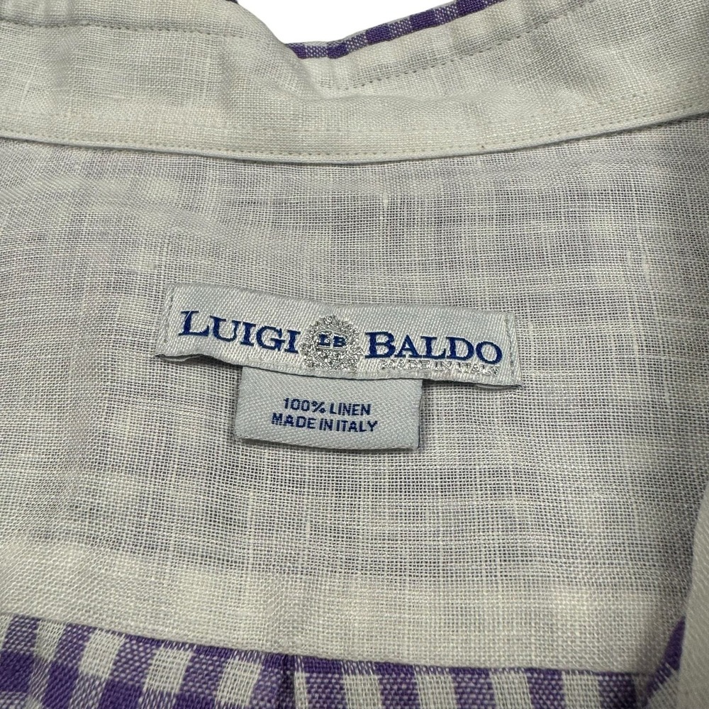 Luigi Baldo Shirt Men's XLT 100% Linen Long Sleeve Purple Check Plaid - Picture 5 of 7